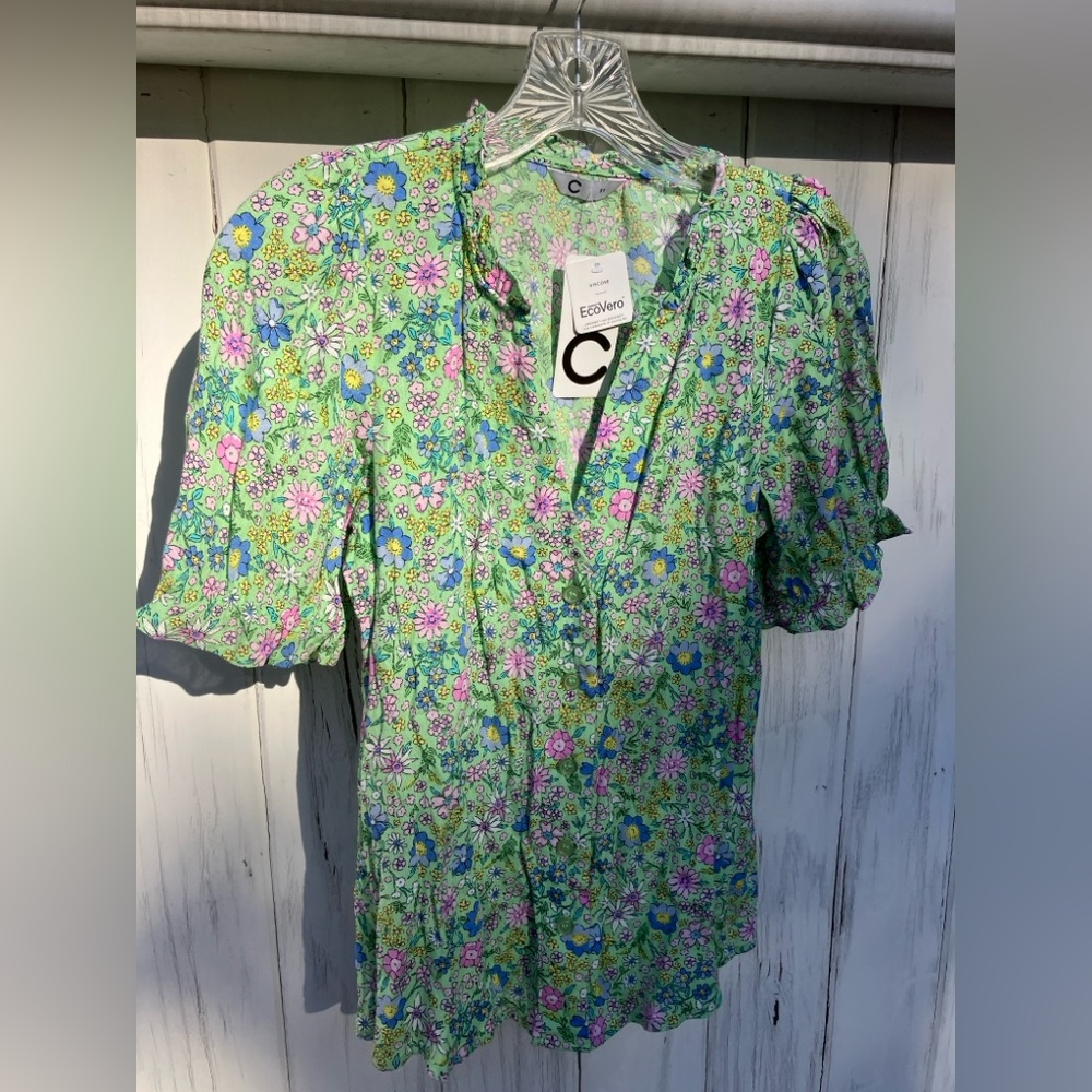 CUBUS Floral Green Viscose Blouse Size XS NWT